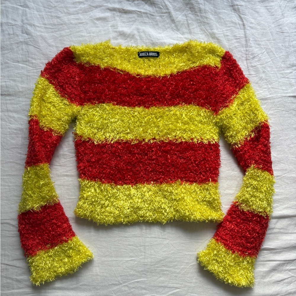 Vintage 2000s Aridza Bross Fuzzy Striped Sweater – Red & Yellow